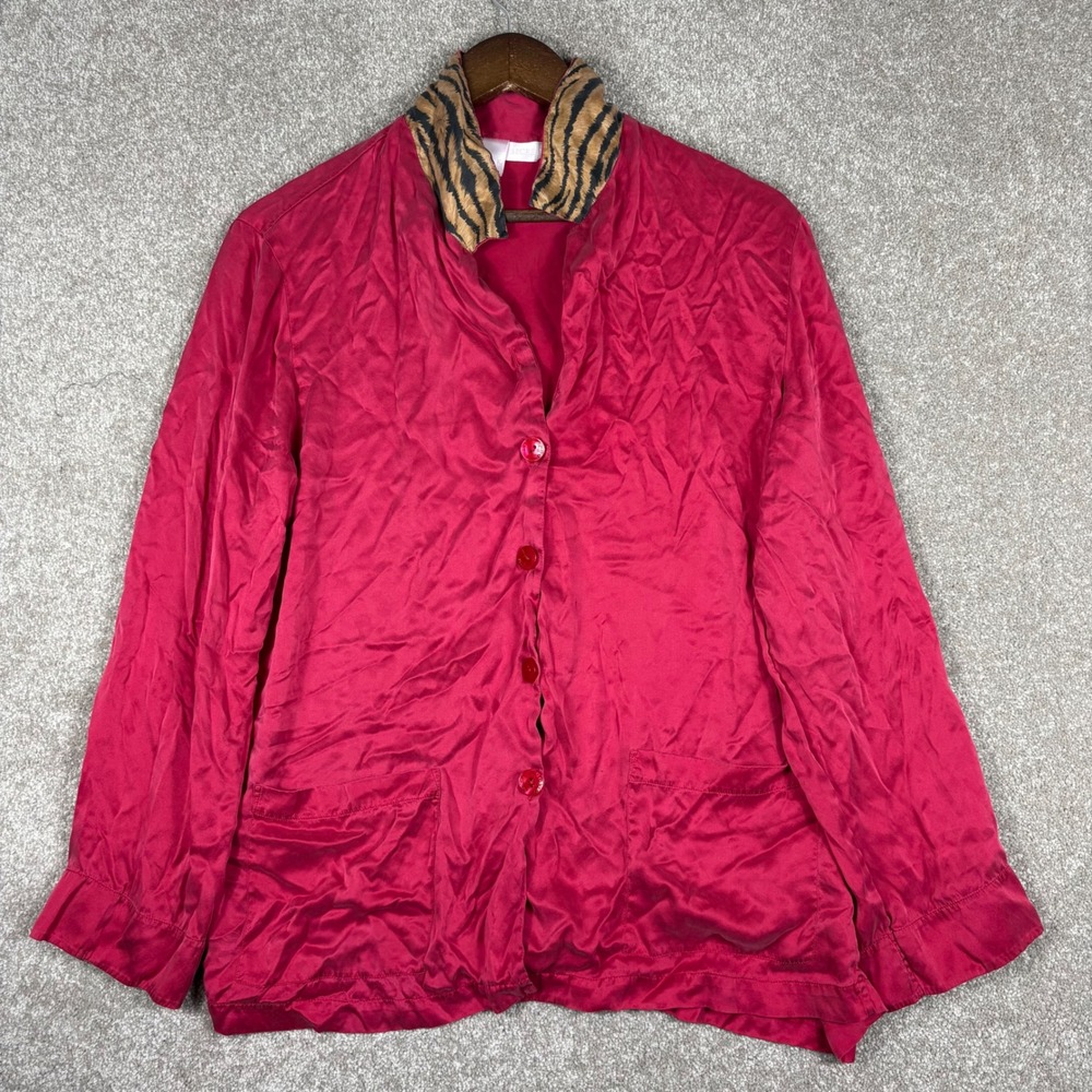 Victoria's Secret Red Silk Pajama Top Tiger Print Collar Button Up Medium